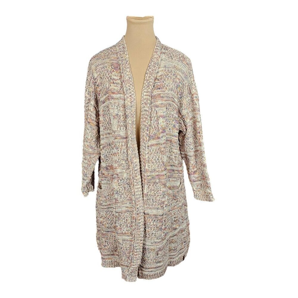 Roots Multicolor Knit Pink Orange Blue Cream Front Pocket Cardigan Sz M